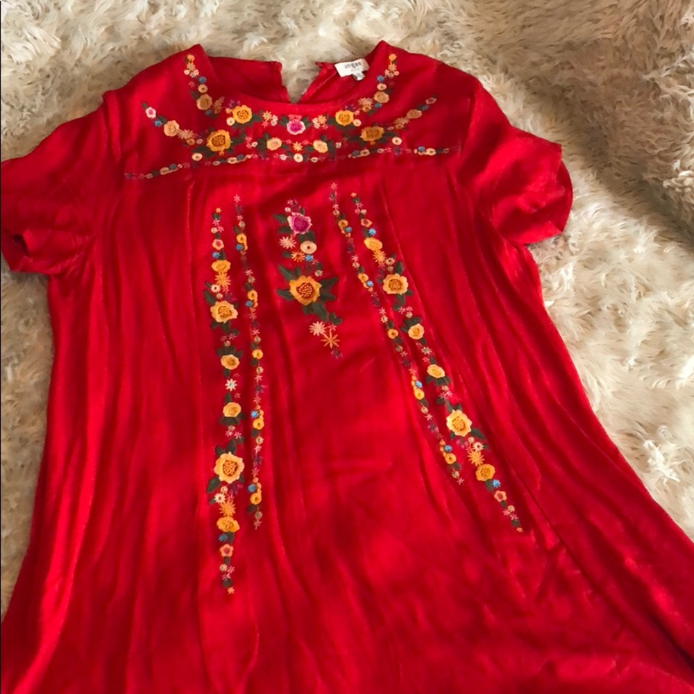 Red embroidered shift dress
